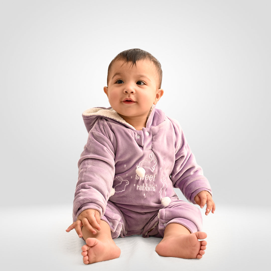 Sweet Rabbit Velvet Winter Romper with Sherpa - Mauve