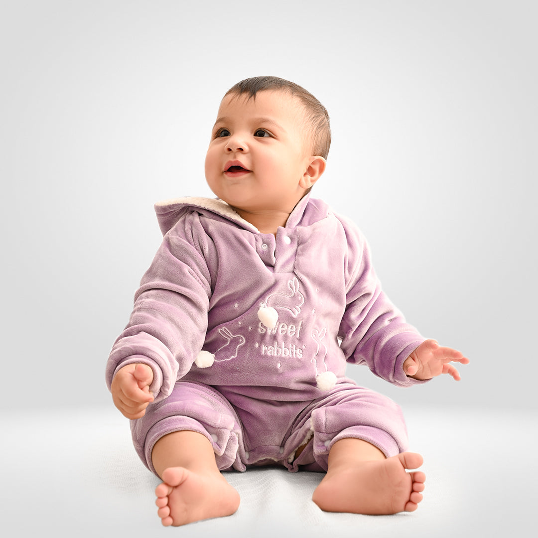 Sweet Rabbit Velvet Winter Romper with Sherpa - Mauve