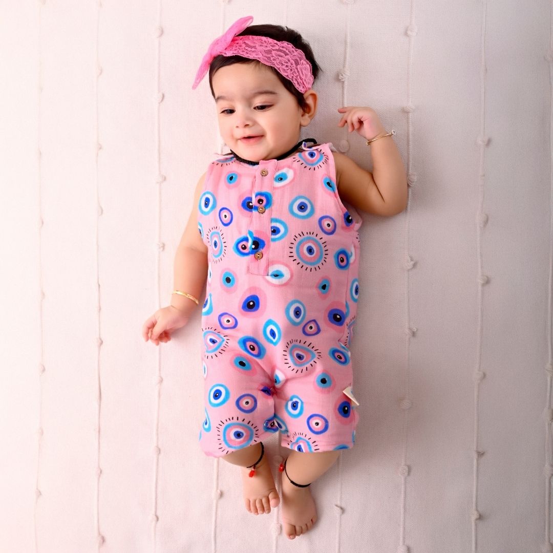 Pink Evil Eye Muslin Double Layer Romper