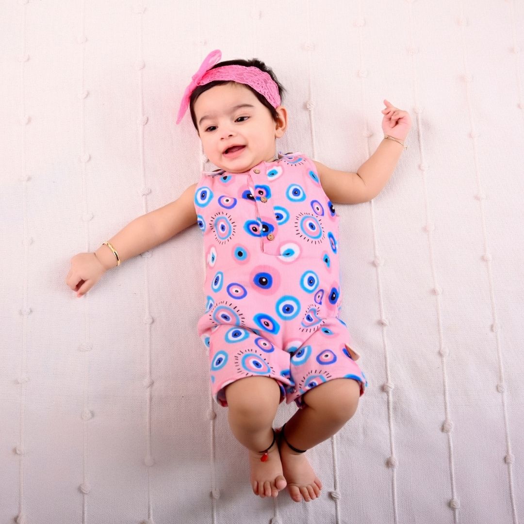 Pink Evil Eye Muslin Double Layer Romper