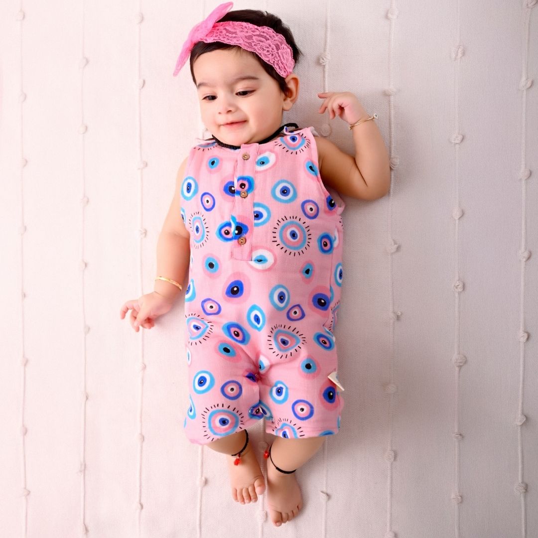 Pink Evil Eye Muslin Double Layer Romper