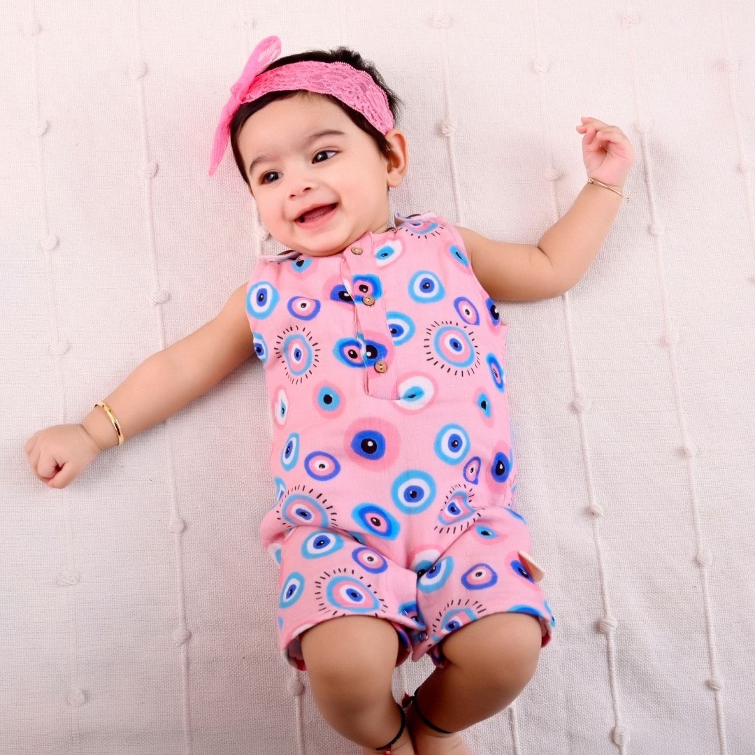 Pink Evil Eye Muslin Double Layer Romper - Main Image