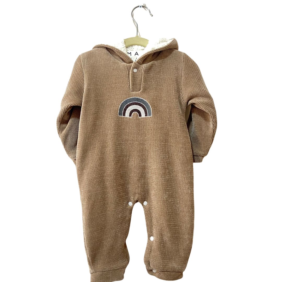 Rainbow Jacquard Romper with Sherpa- Fawn: Cozy romper with rainbow jacquard pattern and soft sherpa accents in fawn.