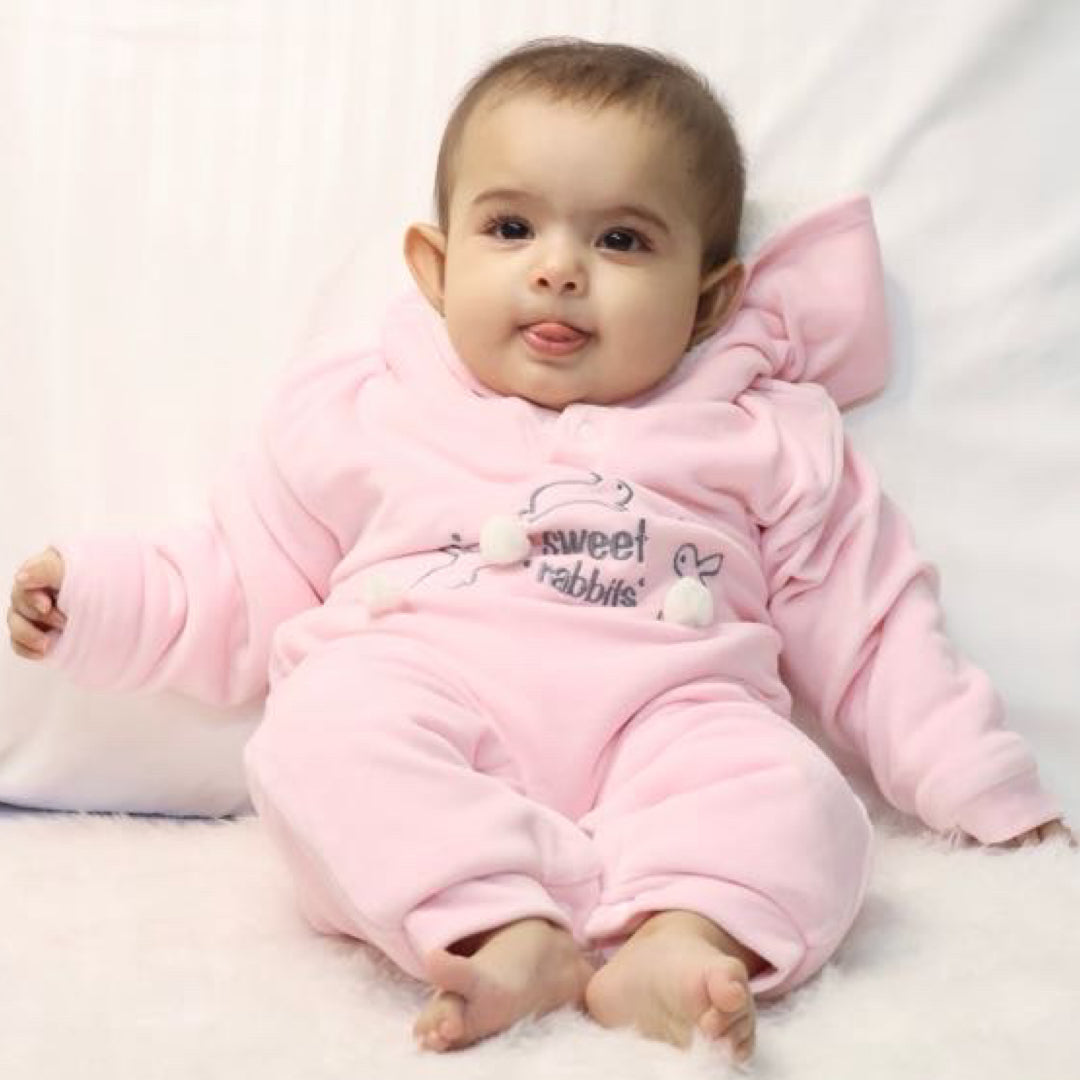 Sweet Rabbit Velvet Winter Romper with Sherpa - Pink