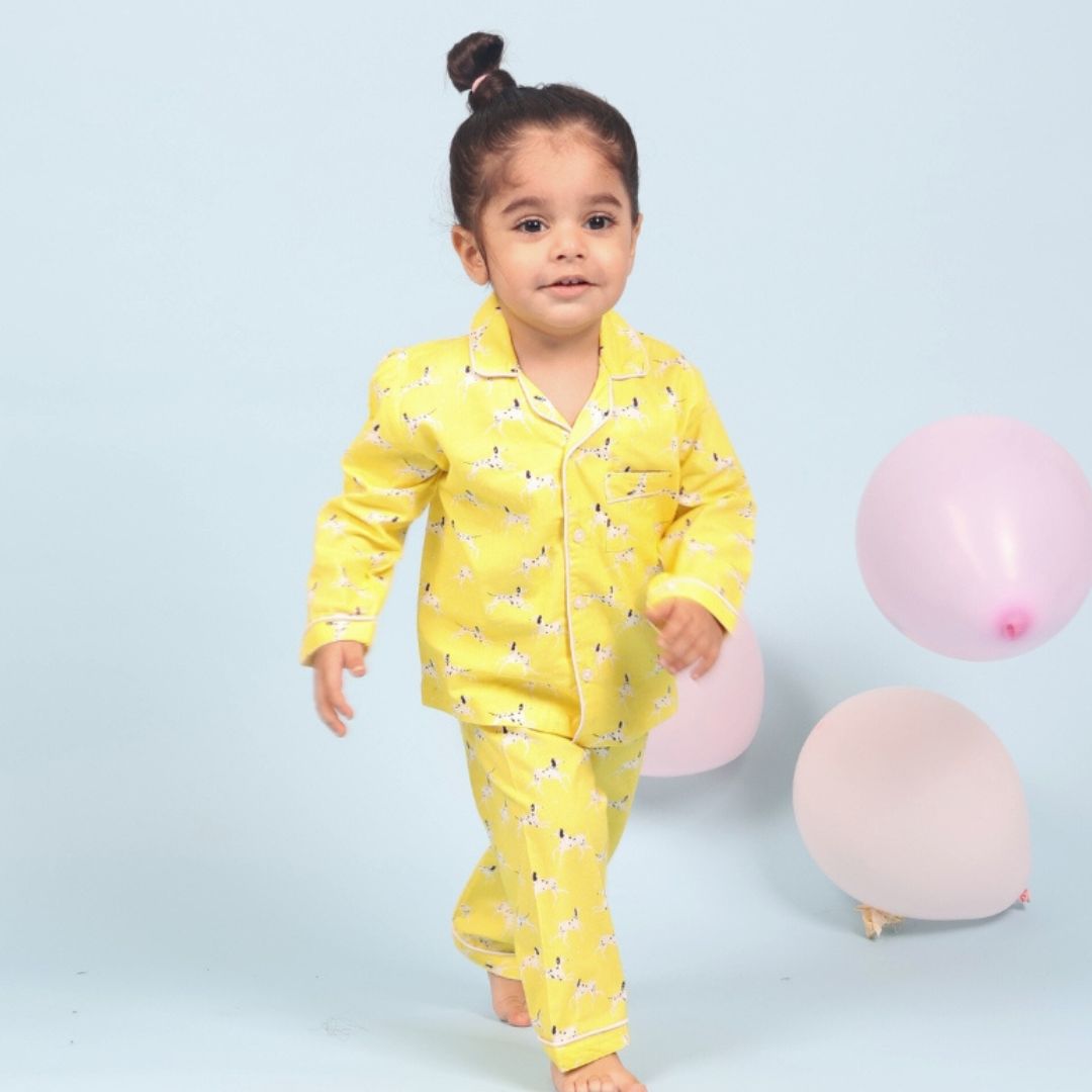 Yellow Dalmatians Full Sleeves Night Suit featuring a playful print of white dalmatian dogs on a vibrant yellow fabric.