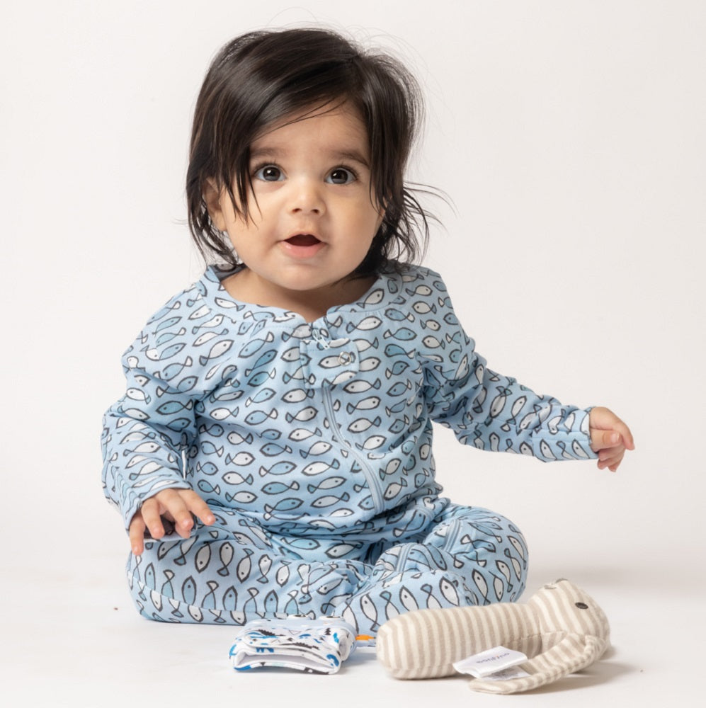 Fishy Fishy in the Sea Organic Zipped Footed Sleepsuit - Blue