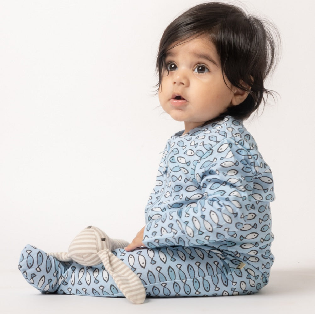 Fishy Fishy in the Sea Organic Zipped Footed Sleepsuit - Blue