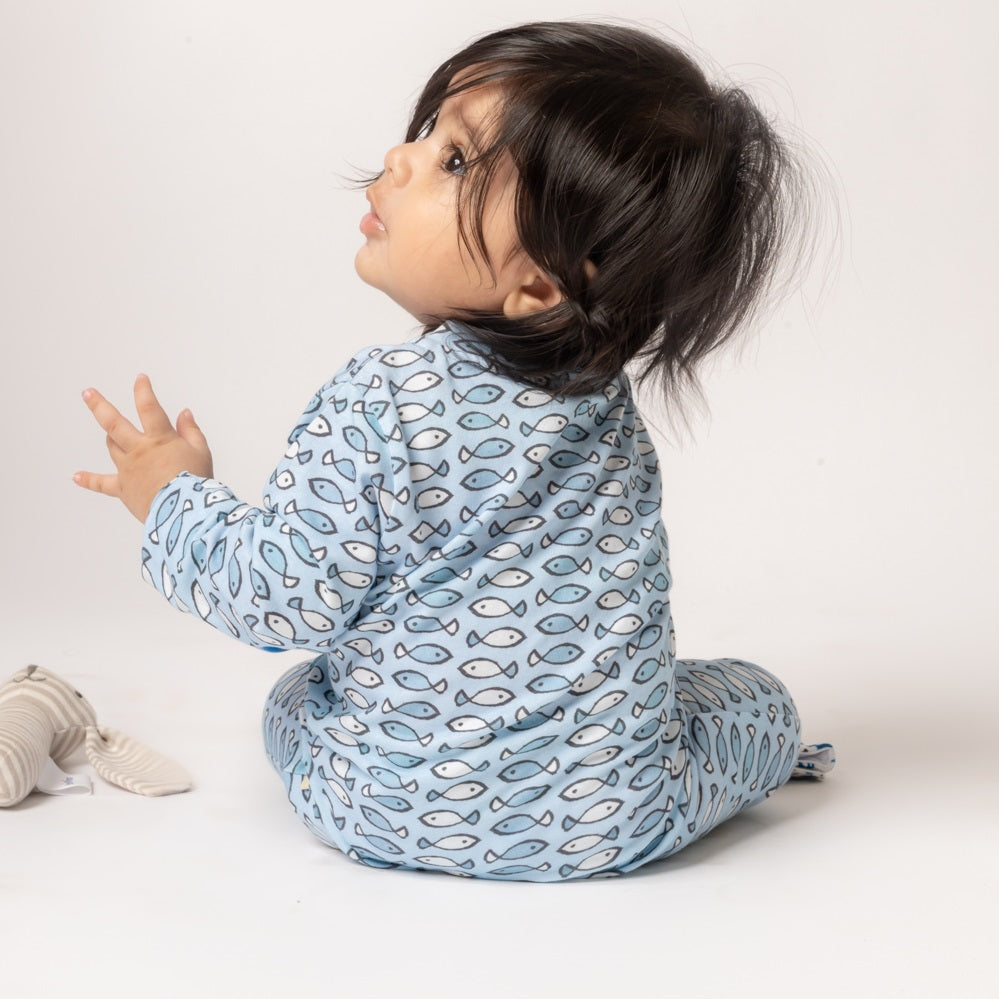 Fishy Fishy in the Sea Organic Zipped Footed Sleepsuit - Blue