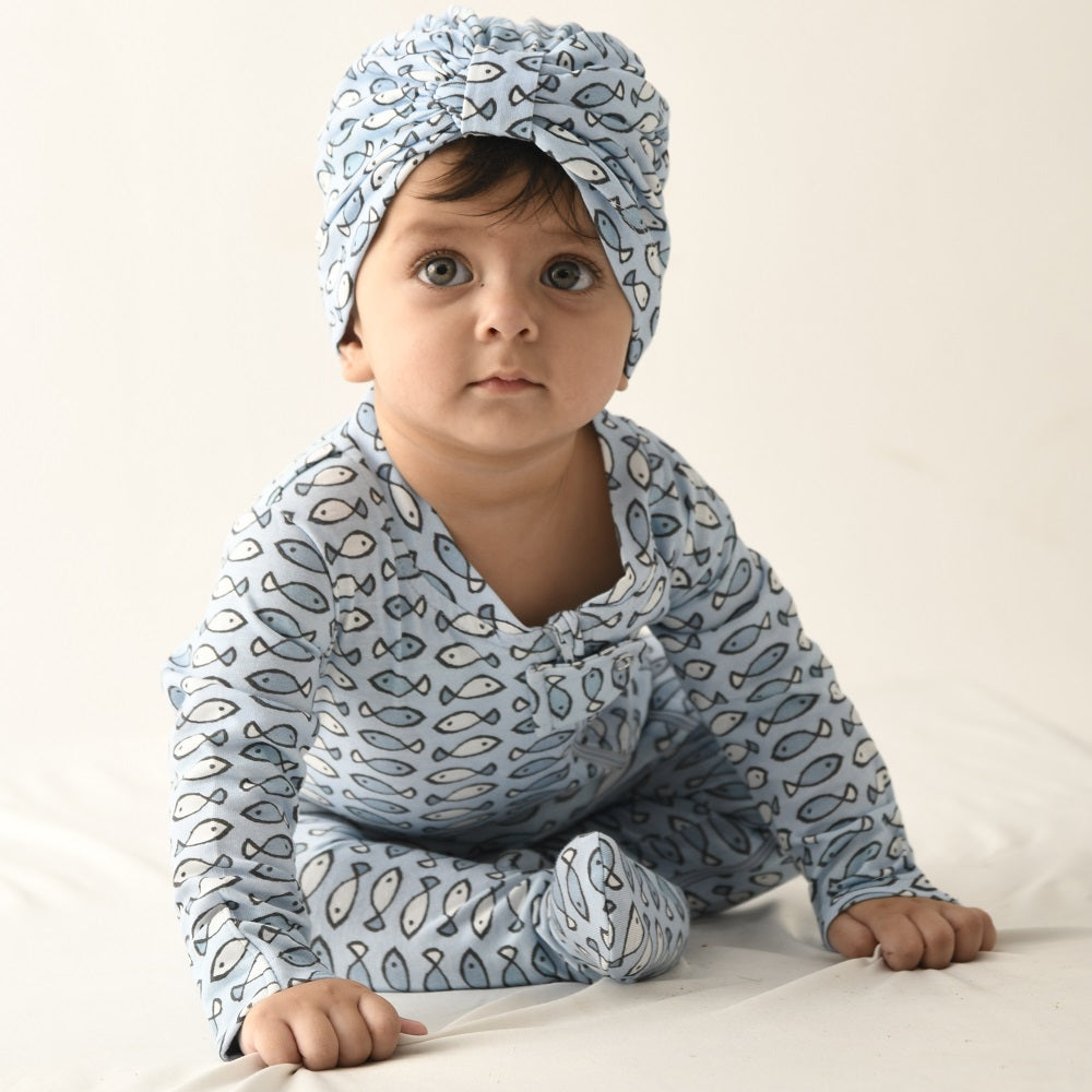 Fishy Fishy in the Sea Organic Zipped Footed Sleepsuit - Blue