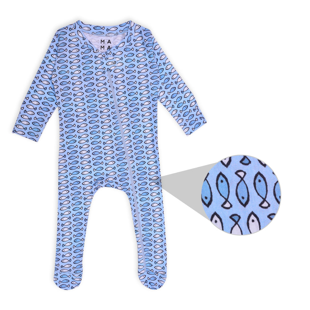 Fishy Fishy in the Sea Organic Zipped Footed Sleepsuit - Blue