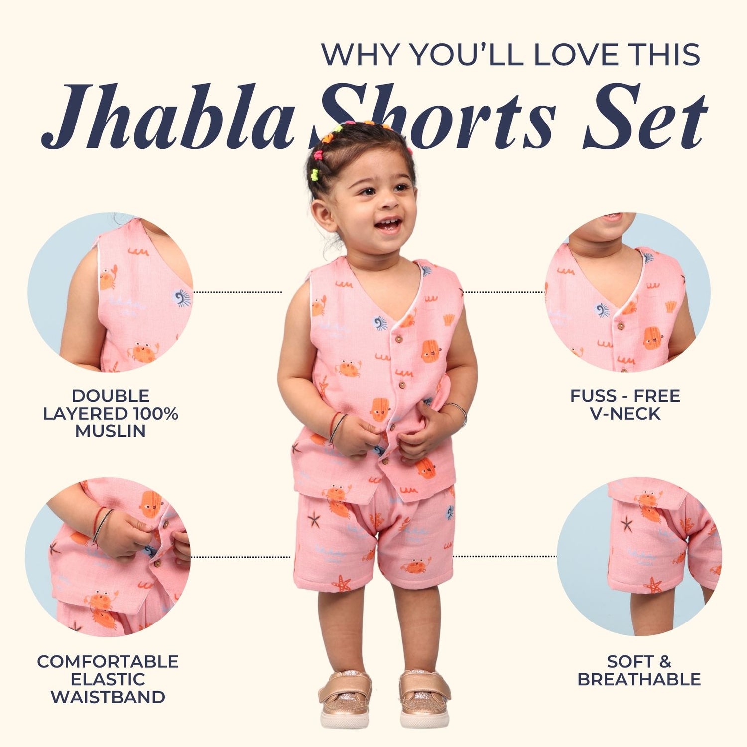 100% Cotton Muslin Jhabla Top with Shorts, Crabs