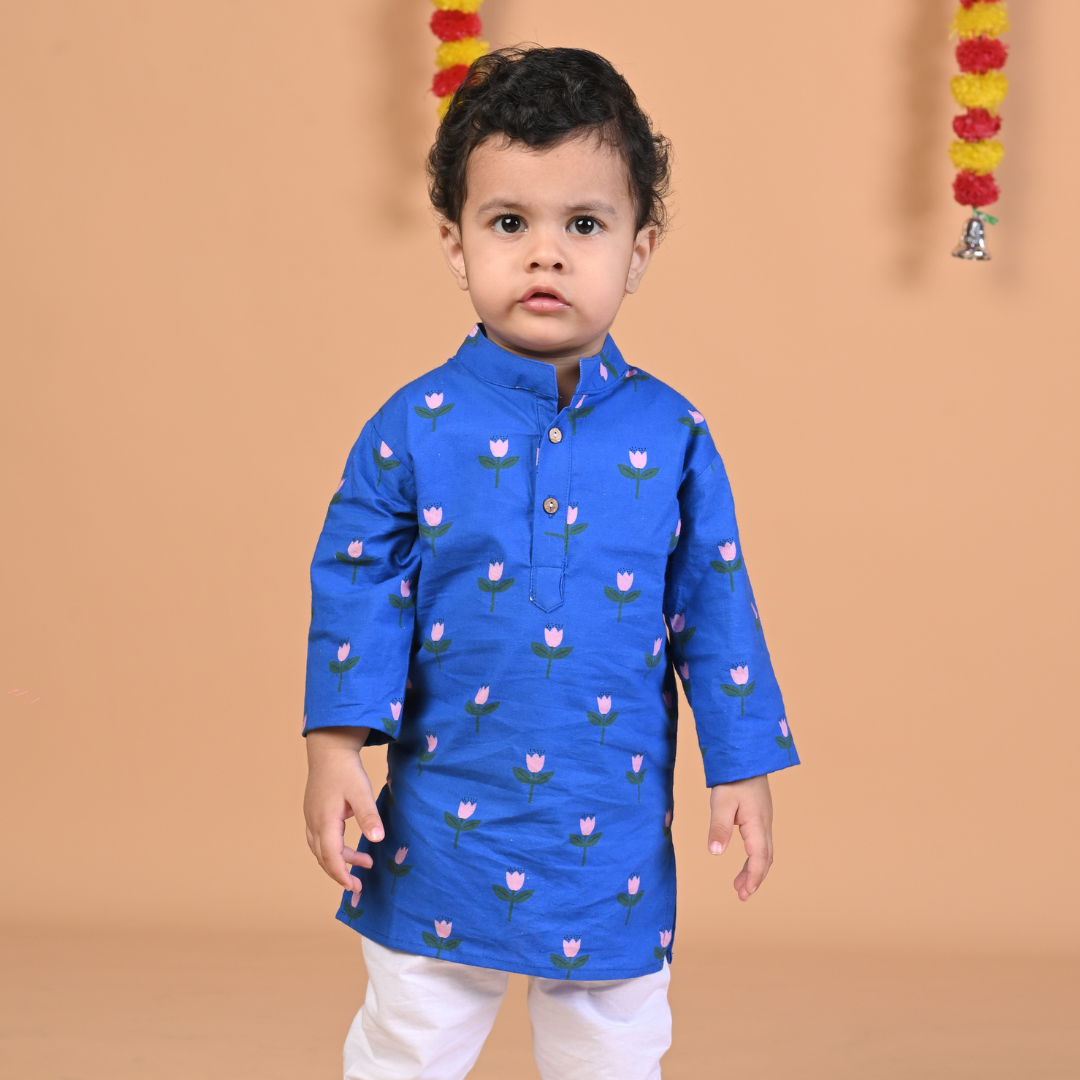 100% Cotton Kurta Set, Pretty Flower Royal Blue