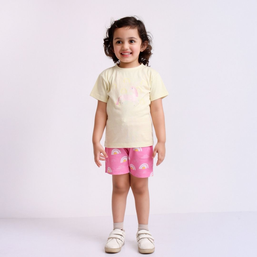 Unicorn And Rainbows Cotton T-Shirt & Shorts Set