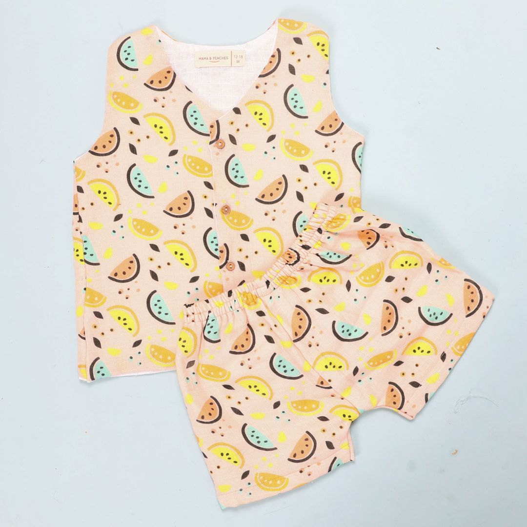 100% Cotton Muslin Jhabla Top with Shorts, Vibrant Lemons