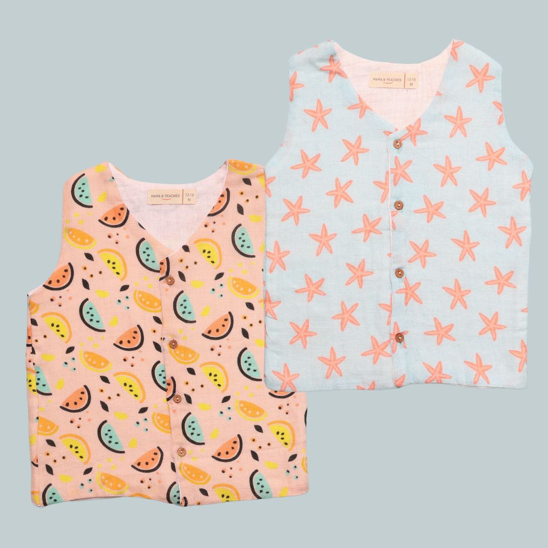 Muslin Vest 2pc Combo - Coral Starfish & Vibrant Lemons