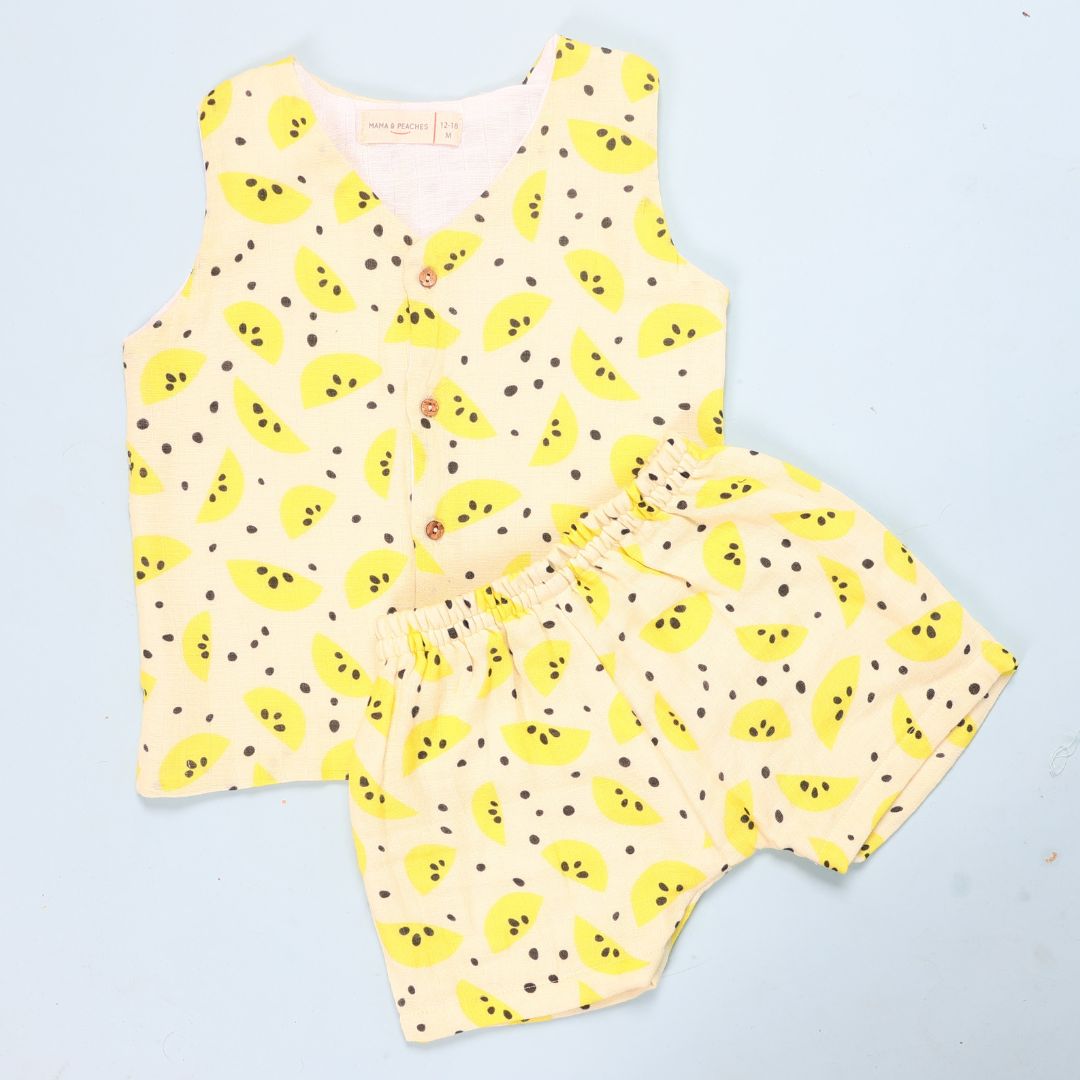 100% Cotton Muslin Jhabla Top with Shorts, Yellow Lemons