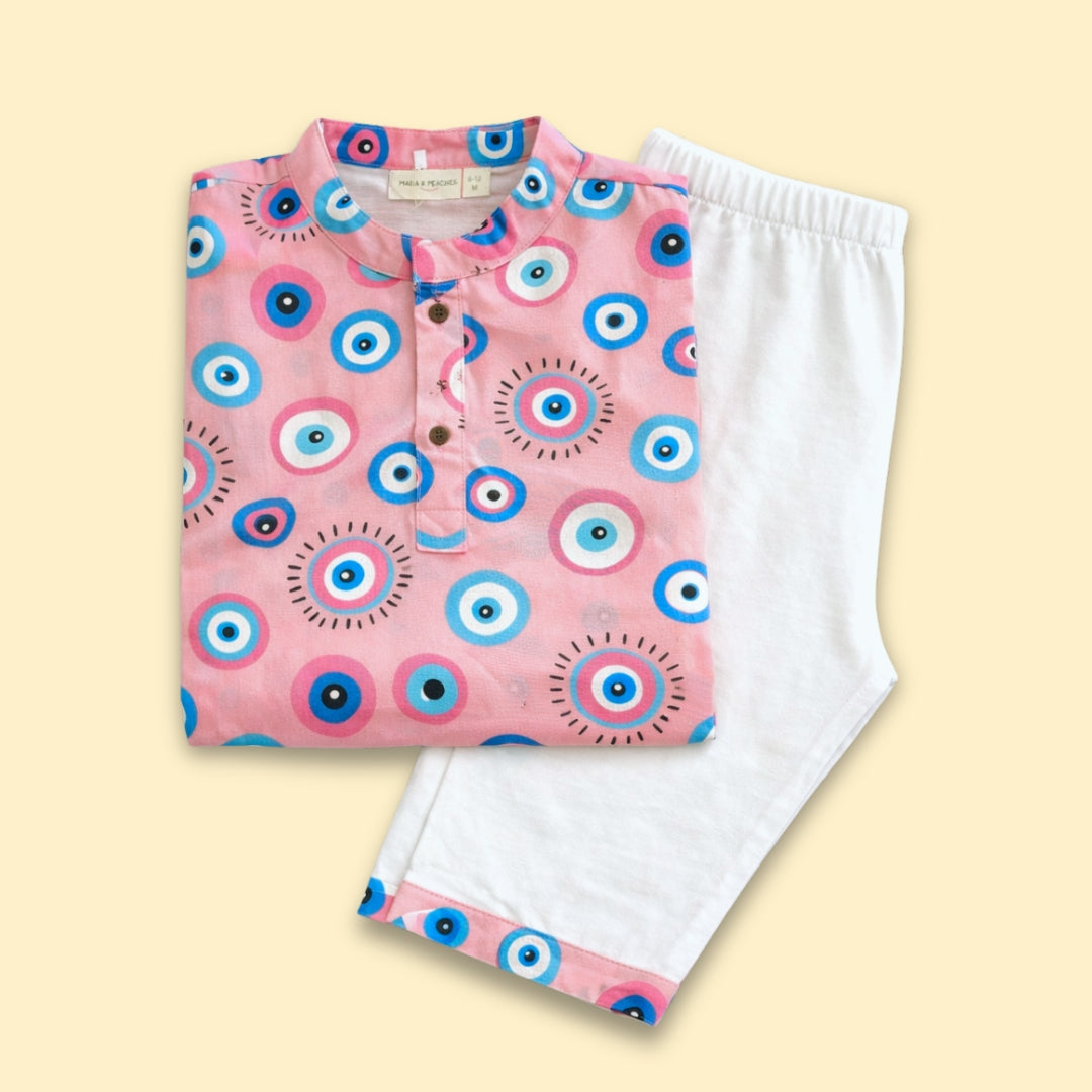 Pink Evil Eye Cotton Kurta Set with intricate embroidery and a matching dupatta.