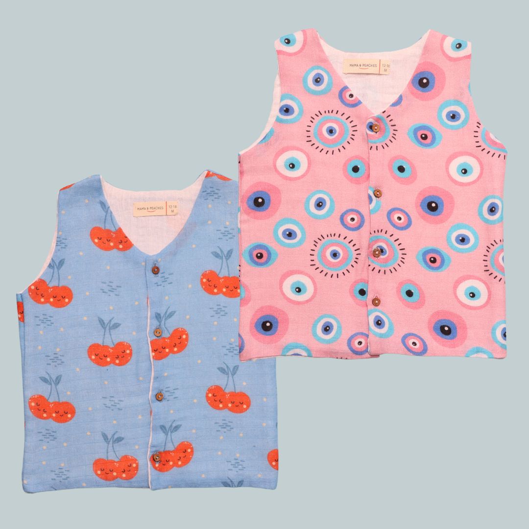 Muslin Vest 2pc Combo - Pink Evil Eye &amp; Cheeryful
