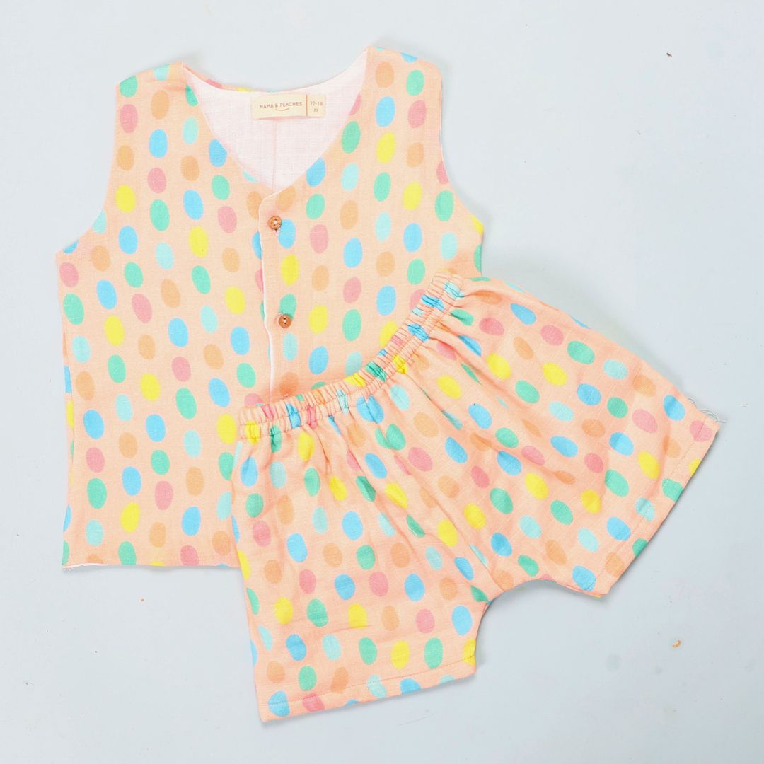 100% Cotton Muslin Jhabla Top with Shorts, Colorful Polka