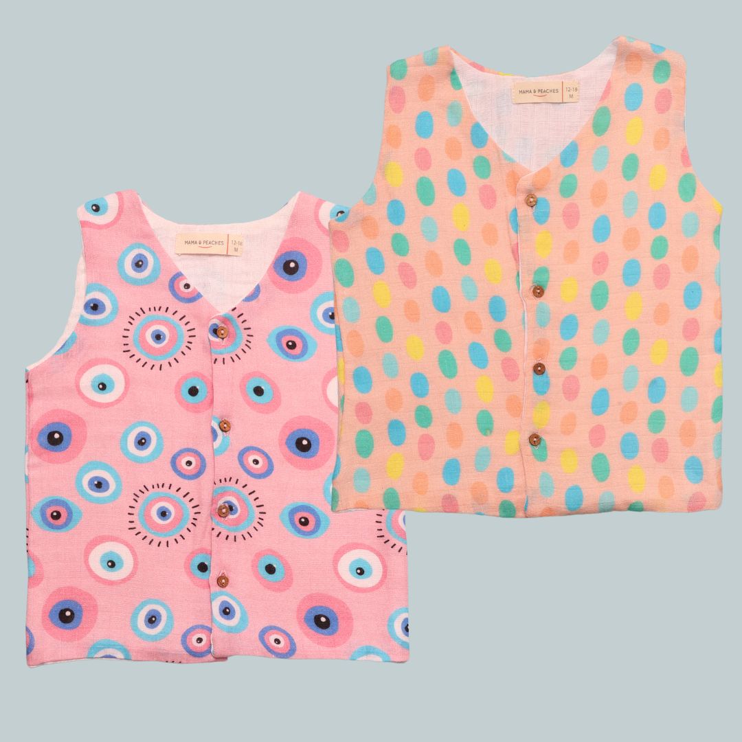 Muslin Vest 2pc Combo - Pink Evil Eye & Colourful Polka