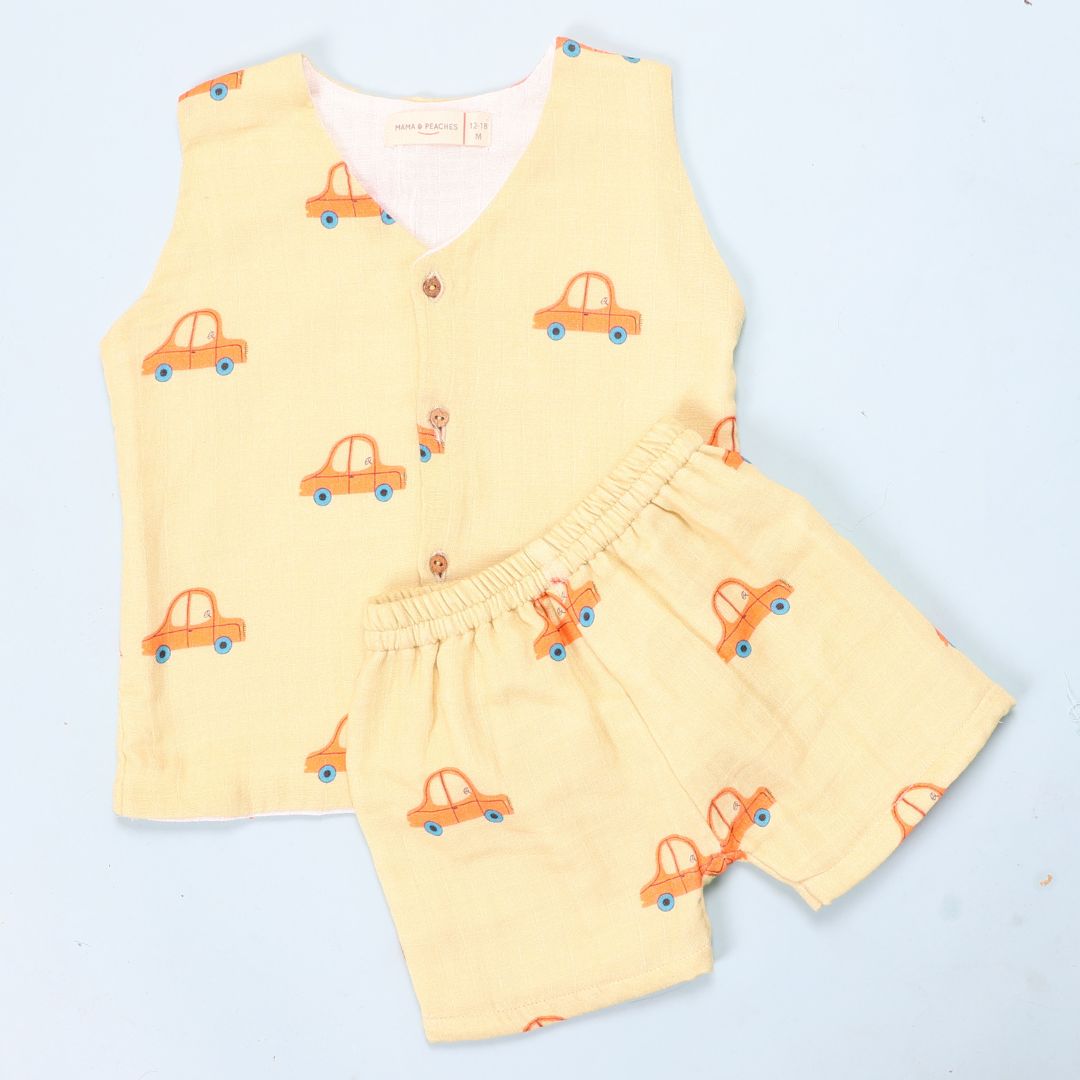 100% Cotton Muslin Jhabla Top with Shorts, Cars