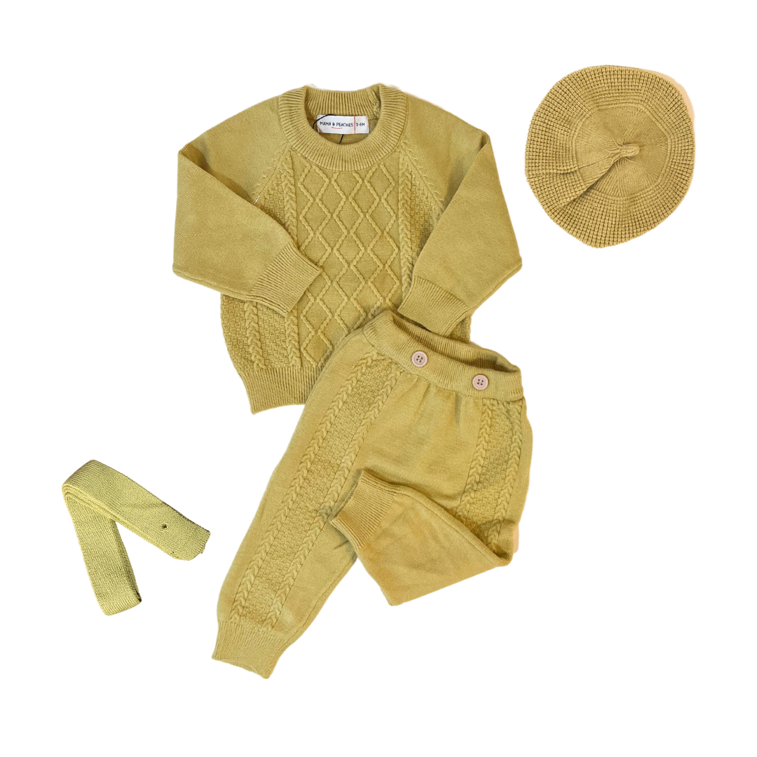 Yellow Dungaree Knitted Winter Co-ord Set with Cap