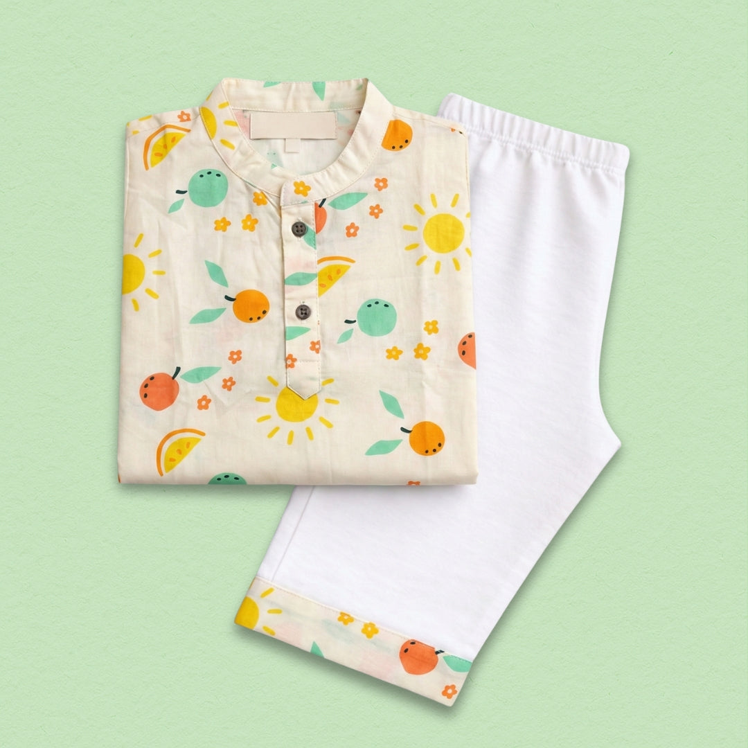 Citrus Cotton Kurta Set: A vibrant yellow kurta with intricate white embroidery and matching pants.