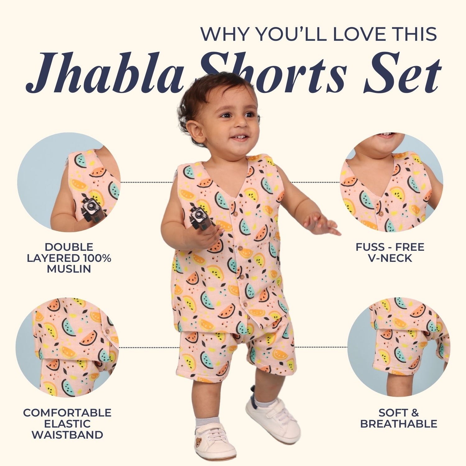 100% Cotton Muslin Jhabla Top with Shorts, Vibrant Lemons