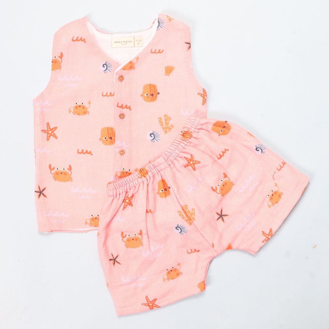 100% Cotton Muslin Jhabla Top with Shorts, Crabs