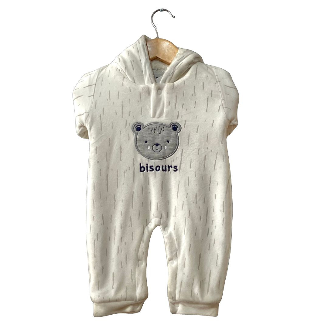 Bisours Bear Winter Hooded Romper with Sherpa - White