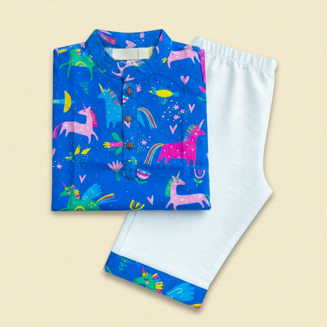 Mystical Unicorn Cotton Kurta Set for women, featuring a white kurta with a unicorn print and matching bottoms.