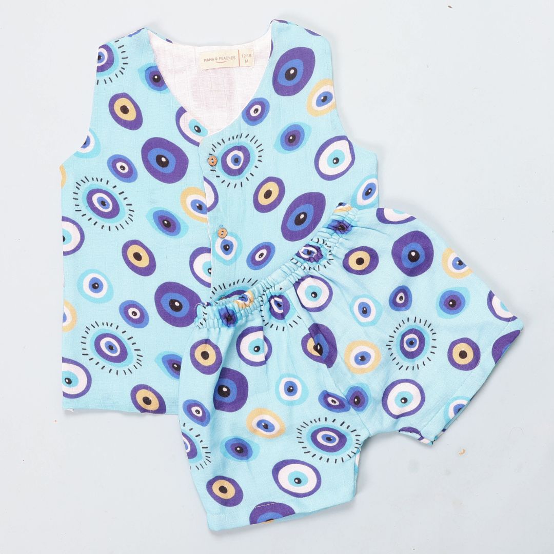 100% Cotton Muslin Jhabla Top with Shorts, Blue Evil Eye