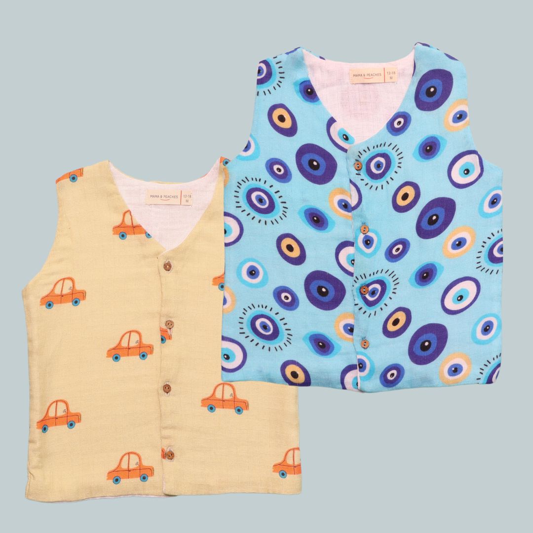 Muslin Vest 2pc Combo - Cars & Blue Evil Eye