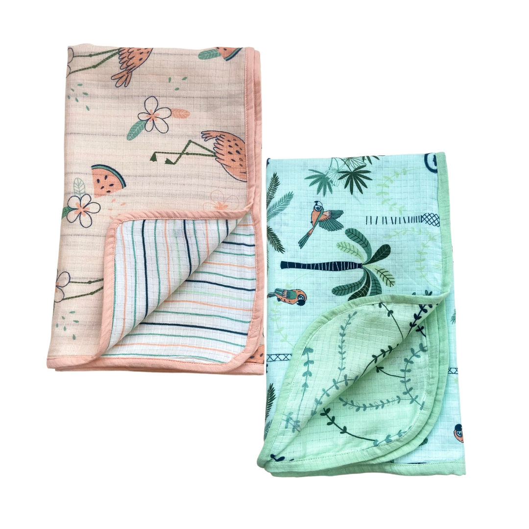 2pc Muslin Reversible Blankets : Tropical &amp; Flamingo