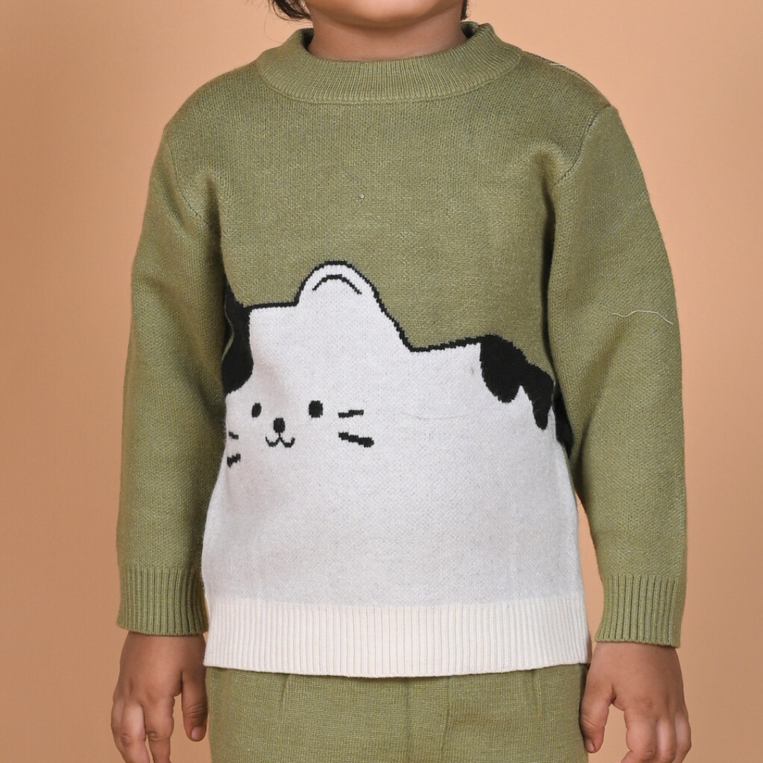 Cute Kitten Knitted Winter Co-Ord Set - Green