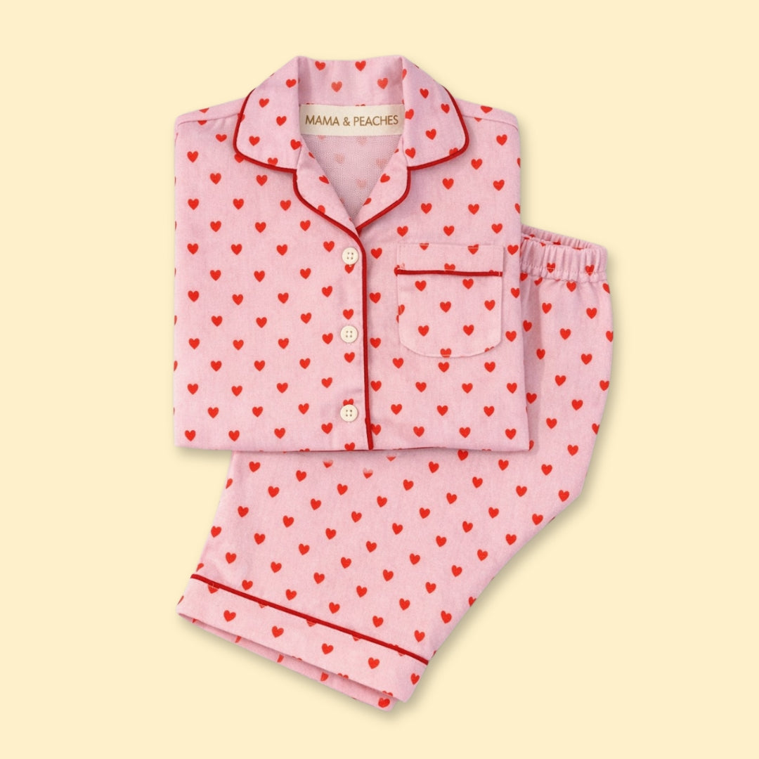 Hearts Full Sleeves Night Suit for women, featuring a playful heart print on a soft fabric.
