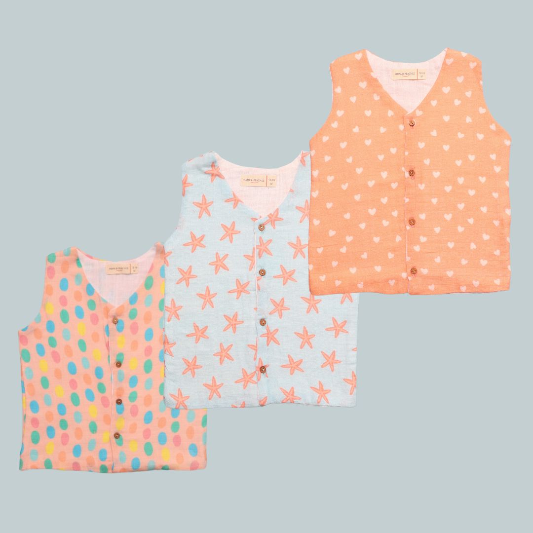 Muslin Vest 3pc Combo - Hearts, Coral Starfish & Colourful Polka