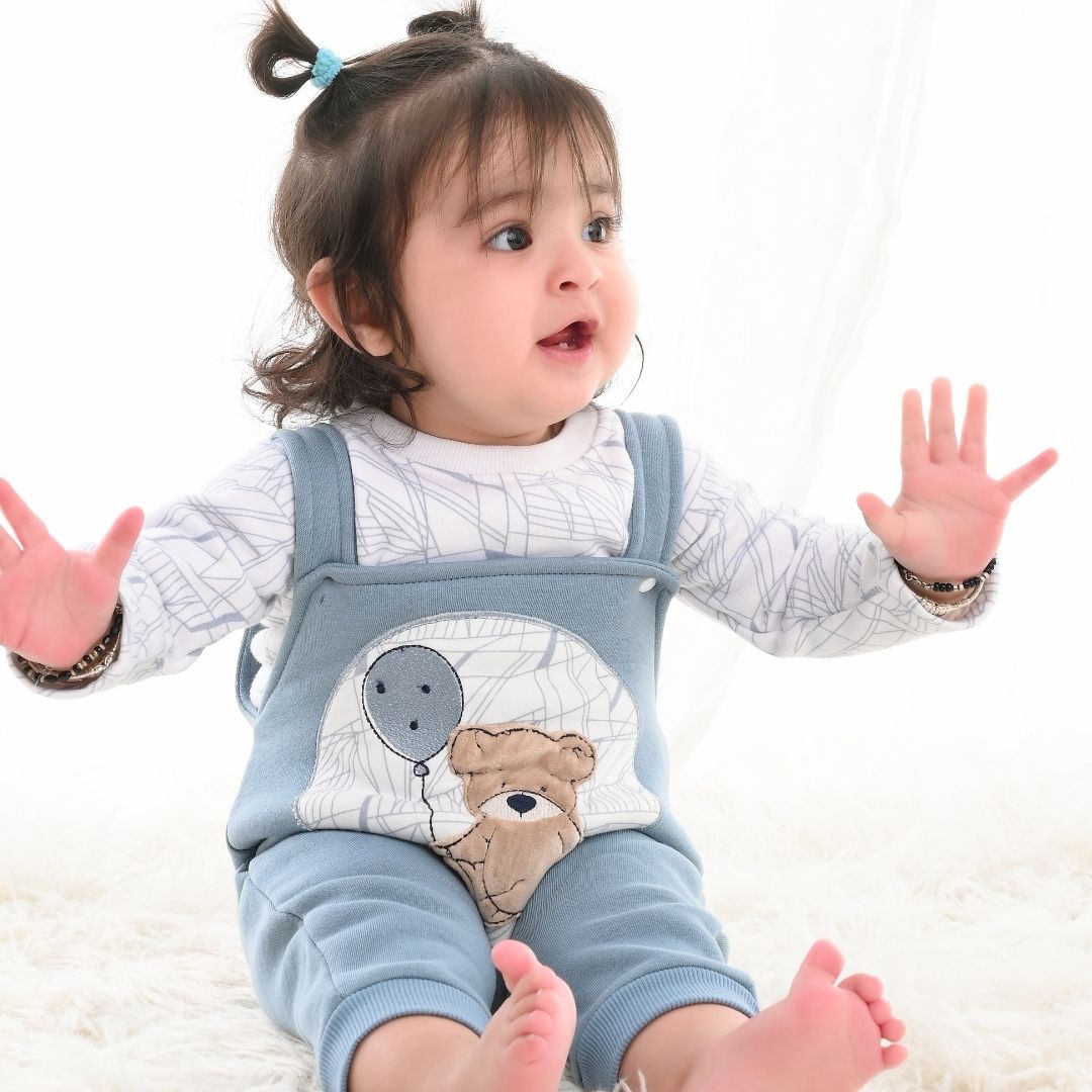 Blue Teddy 2-Pc Fleece Romper &amp; Dungaree Set