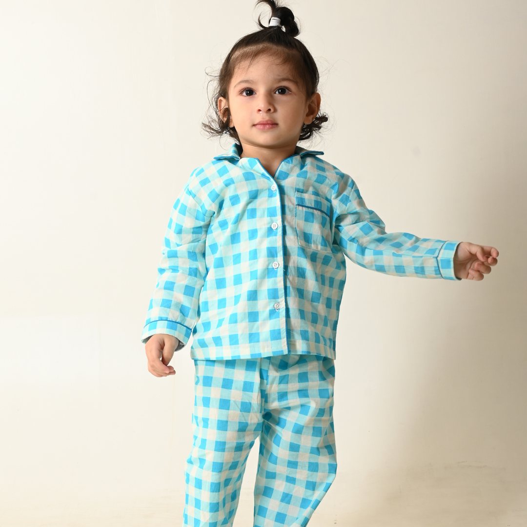 Blue Gingham Full Sleeves Night Suit
