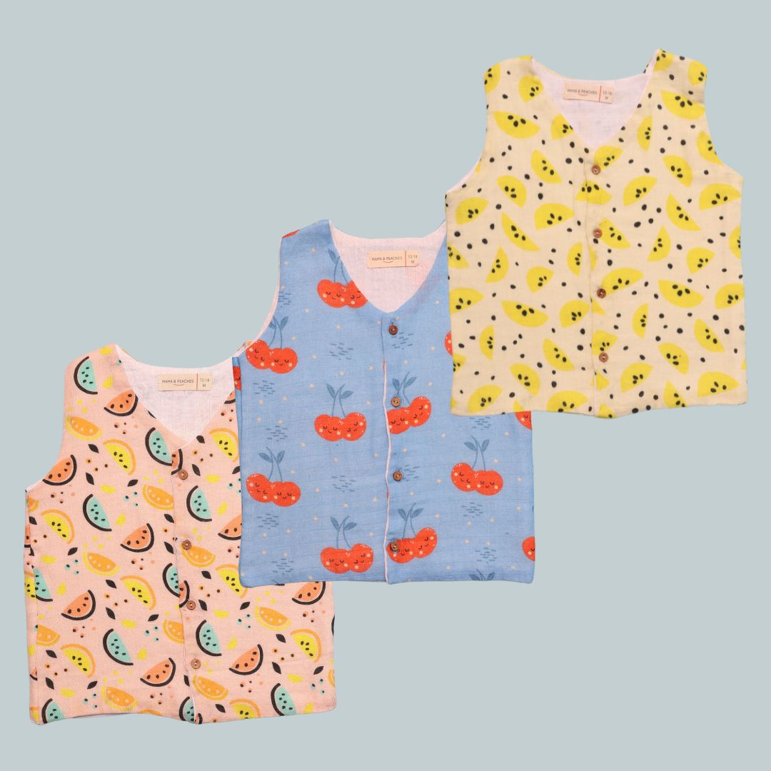 Muslin Vest 3pc Combo - Cheeryful, Yellow Lemons & Vibrant Lemons