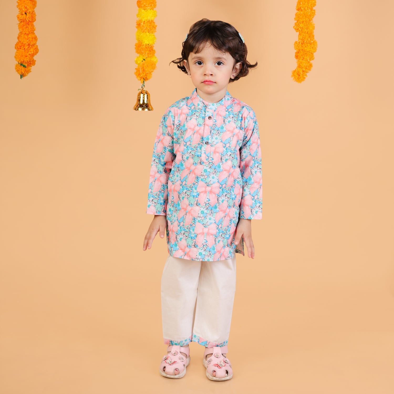 100% Cotton Kurta Set, Floral Bows