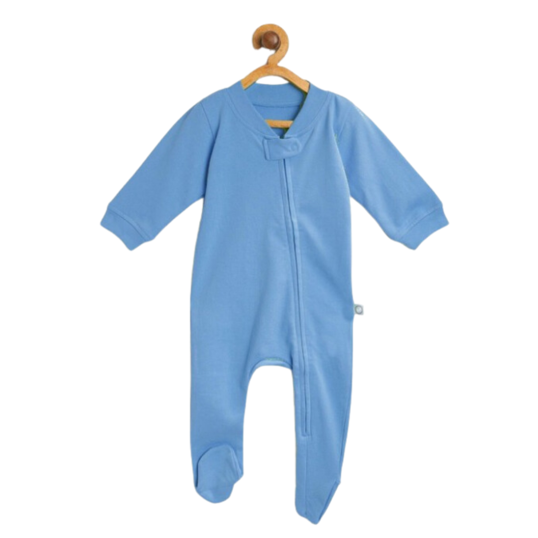 Kids Blue Solid Cotton Sleep Suit