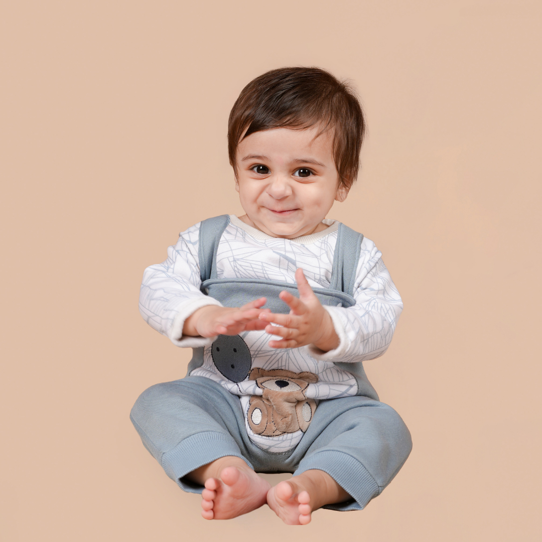 Blue Teddy 2-Pc Romper Style Dungaree Set
