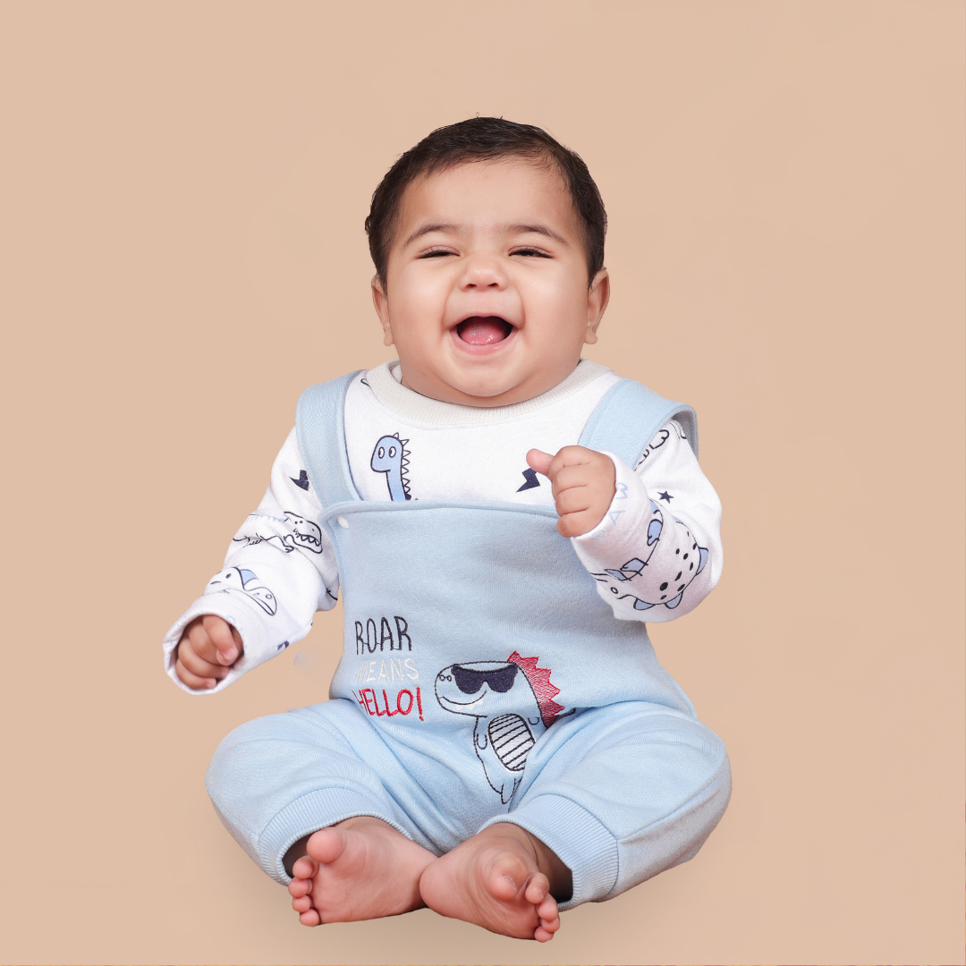 Blue Dino 2-Pc Romper Style Dungaree Set