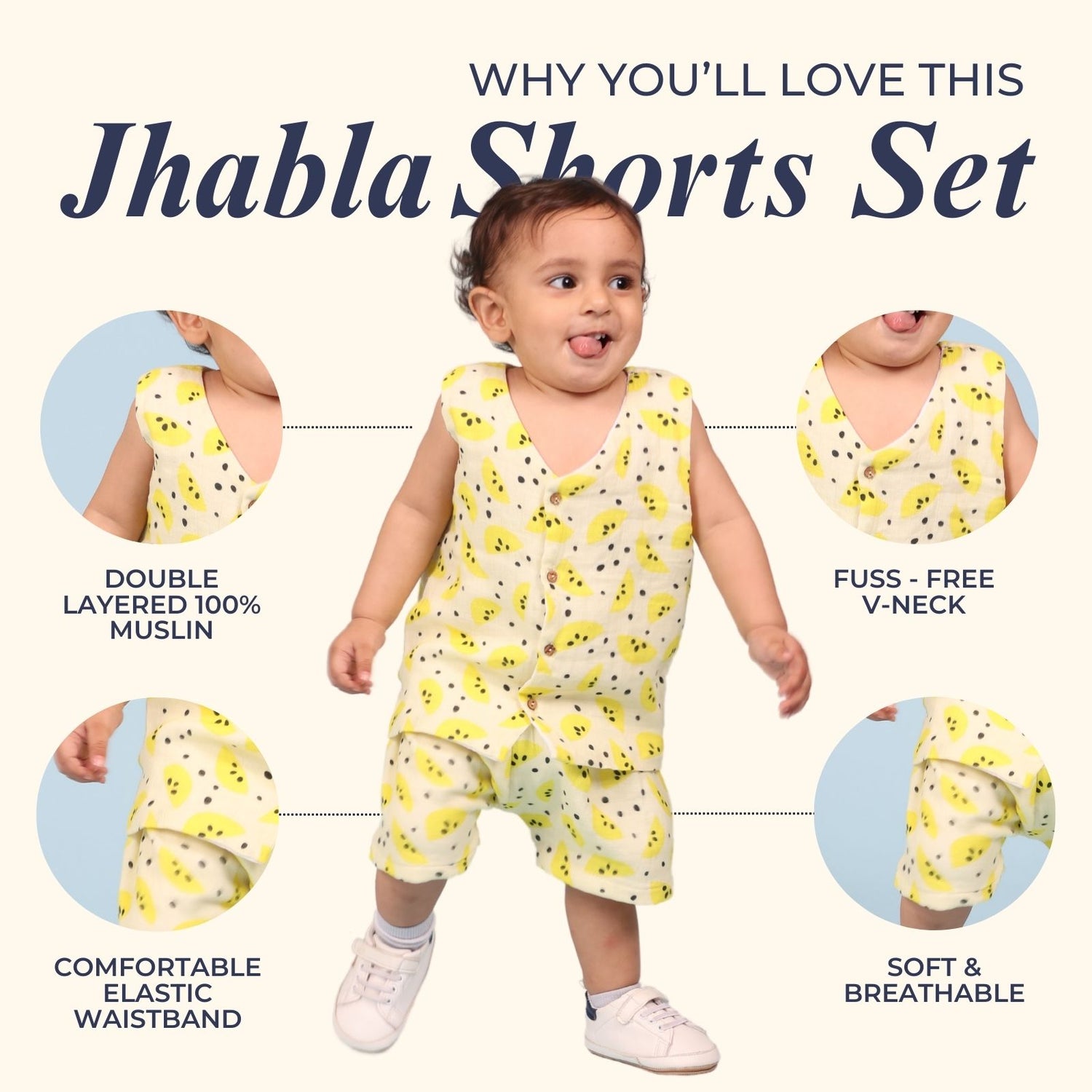 100% Cotton Muslin Jhabla Top with Shorts, Yellow Lemons