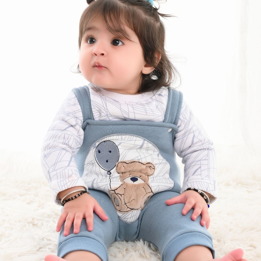 Blue Teddy 2-Pc Fleece Romper &amp; Dungaree Set