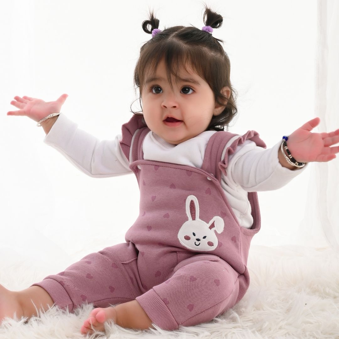 Burgundy Rabbit 2-Pc Fleece Romper &amp; Dungaree Set