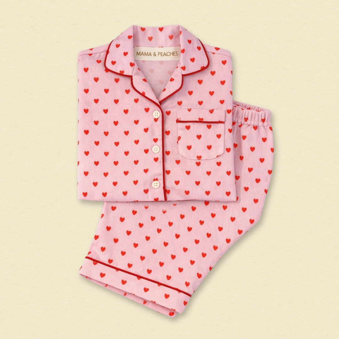 A Hearts Full Sleeves Night Suit featuring a red heart print on a white background.
