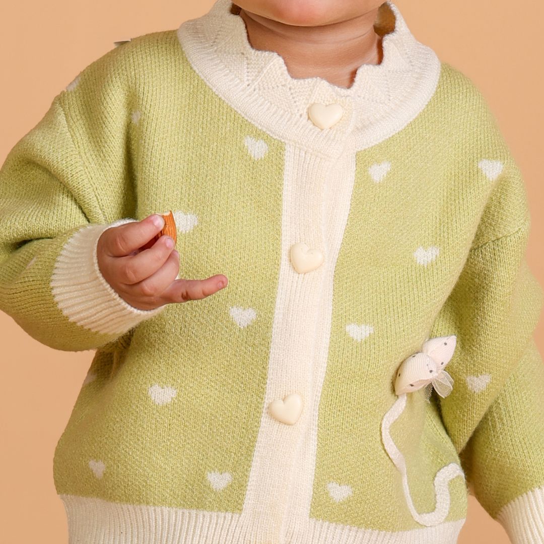 Polka Dot Hearts Full Sleeves Winter Sweater -  Green