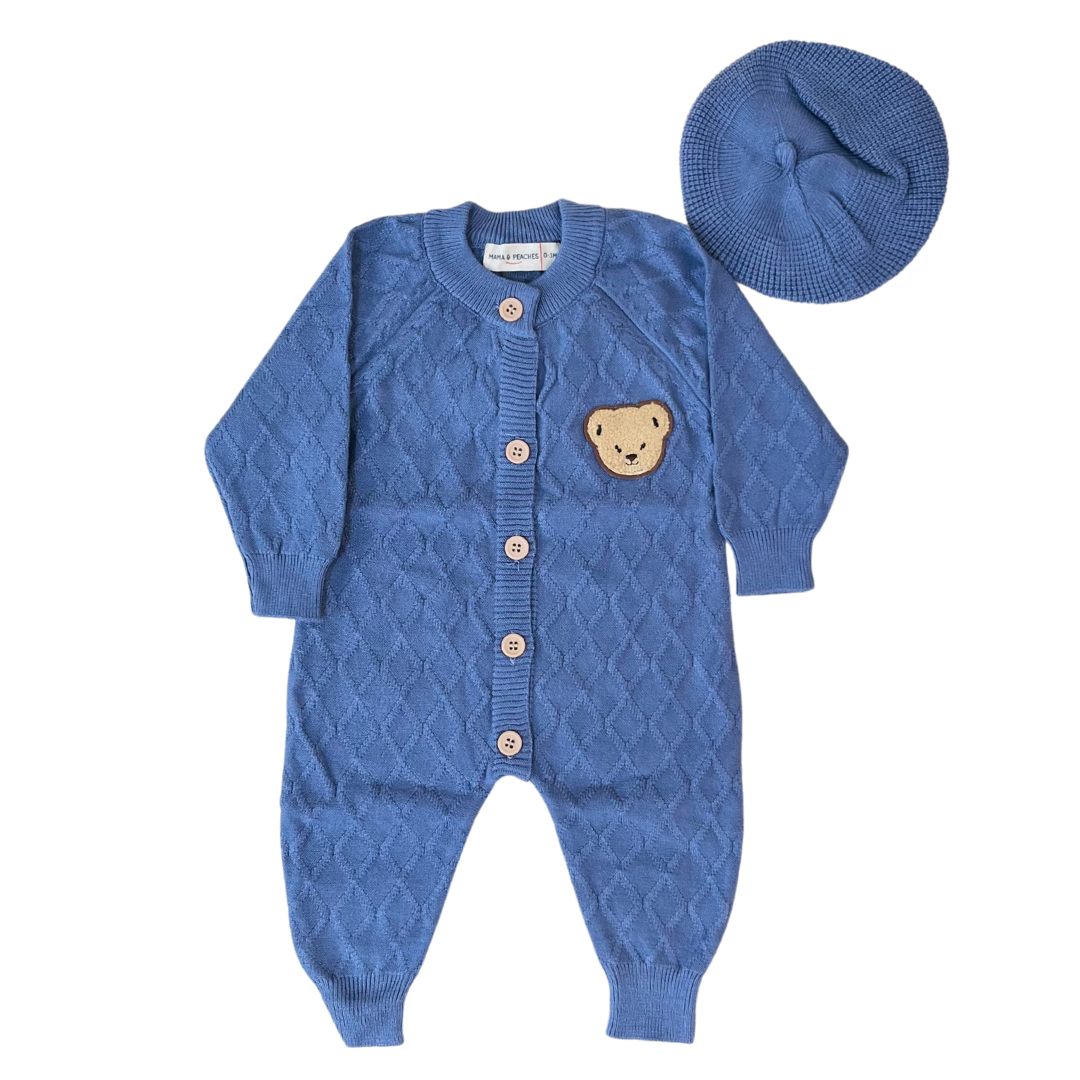 Blue Cable Knitted Romper with Cap